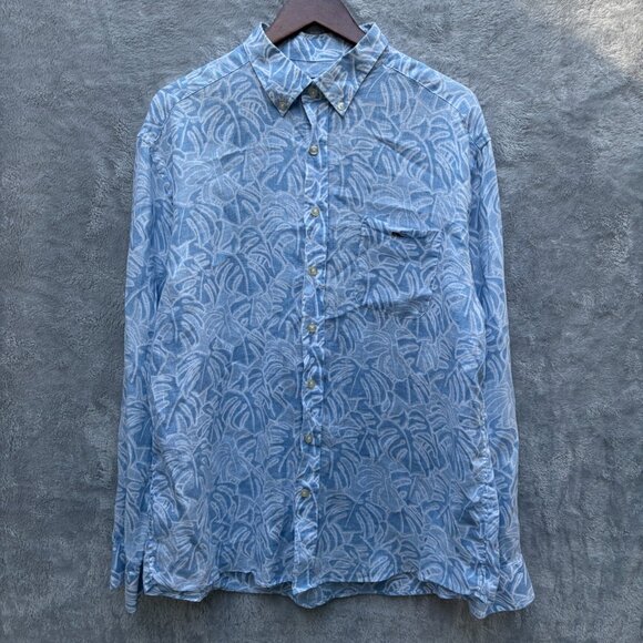 XL Vineyard Vines Blue 100% Linen Palm Print Tucker Button Down Shirt - Picture 1 of 9